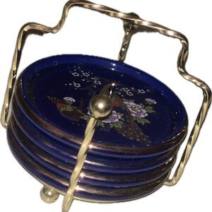 Vintage Interpur Blue Porcelain Coaster Set of 4 w Gold Accents Japanese Peacock